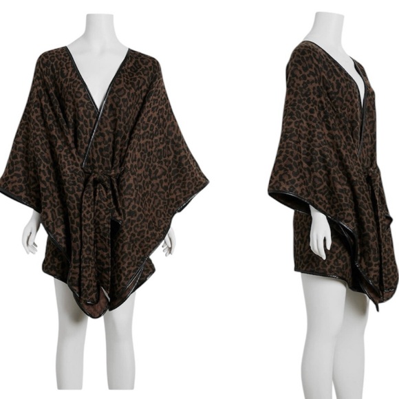 Cejon Sweaters - Cejon Women’s Leopard Print Tie Front Poncho With Faux-Leather Trim